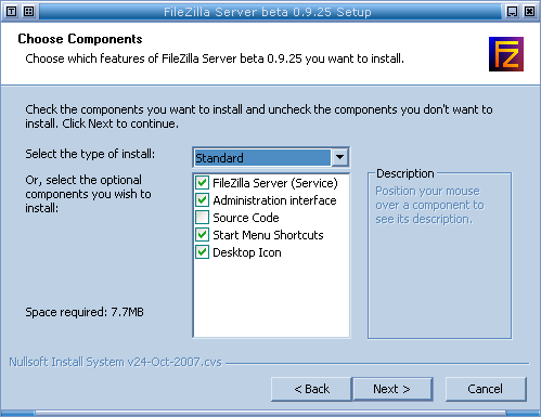 Installation : Écran du choix des composants