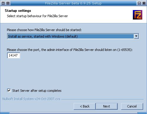 Installation : Écran du comportement du serveur